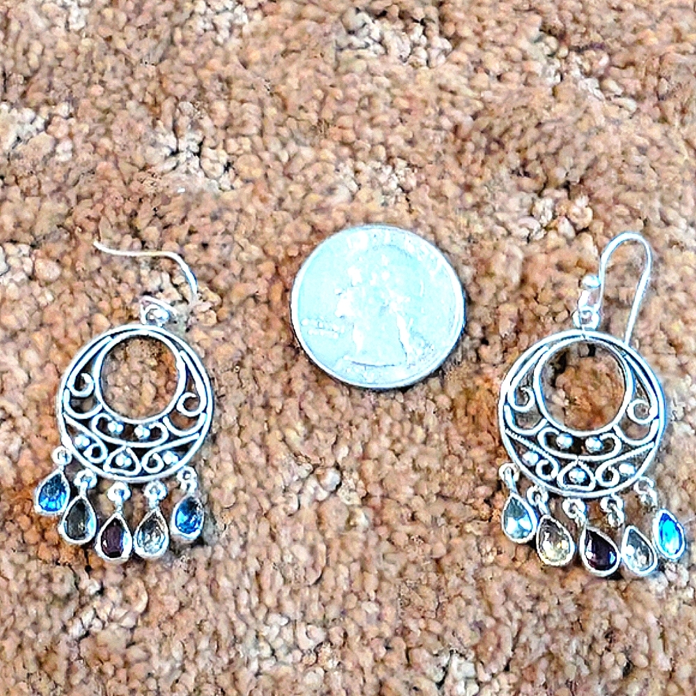 Sterling Silver Dangle Earrings Blue, Dark Red And Yellow Rhinestones